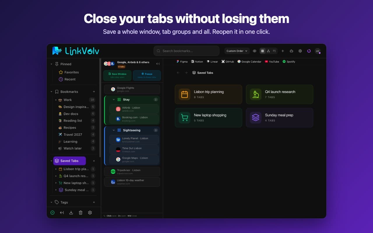 Saved windows of tabs